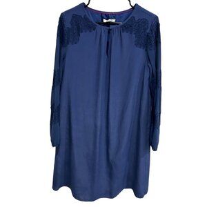 Boden Womens Blue Long Sleeve Short Dress Sheer Embroidered Sleeves Size 12